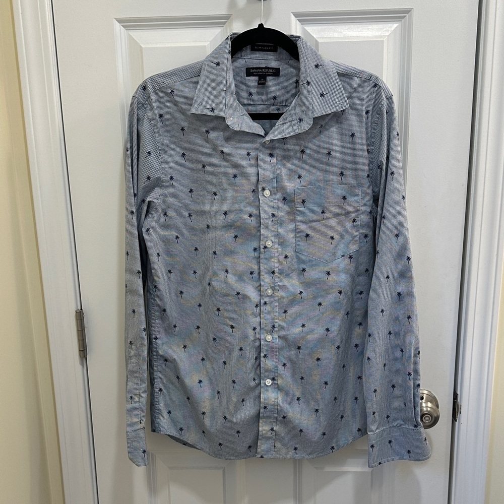 Banana Republic Slim Flex White Navy Check Tech Stretch Cotton Shirt Palm Small